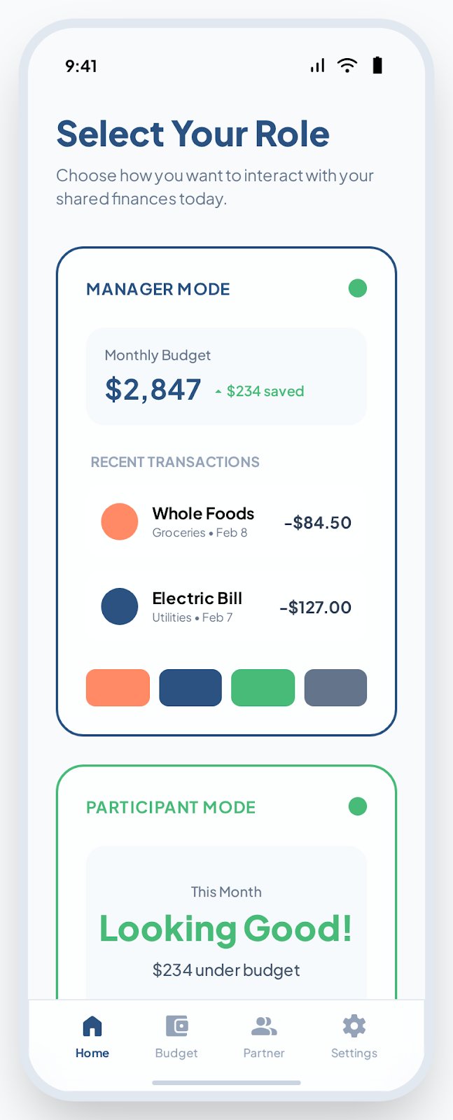 Partnership Mode showing Manager Mode with detailed budget ($2,847 with $234 saved) and recent transactions including Whole Foods groceries and Electric Bill, compared to Participant Mode with simplified 'Looking Good!' message showing $234 under budget